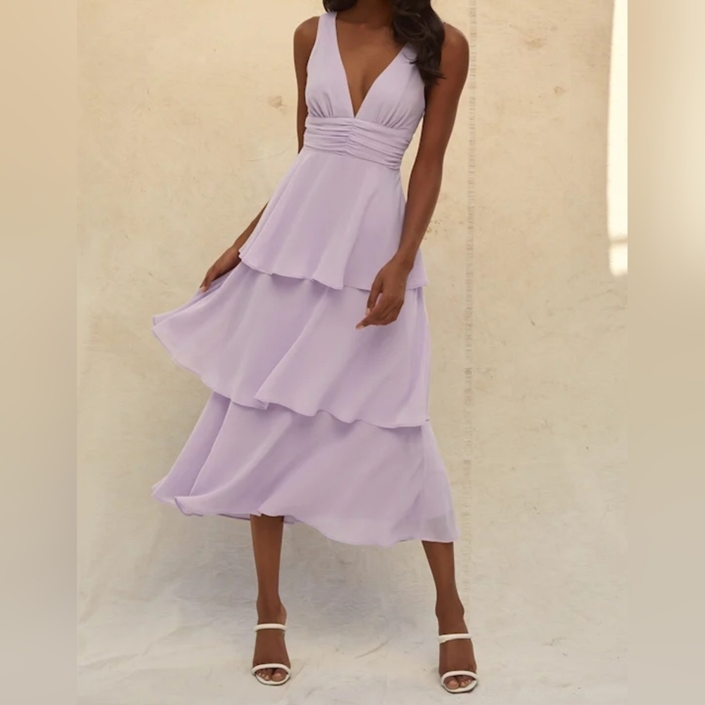 Lulus Celebration Time Lavender Sleeveless Tiered Midi Dress, Size Large